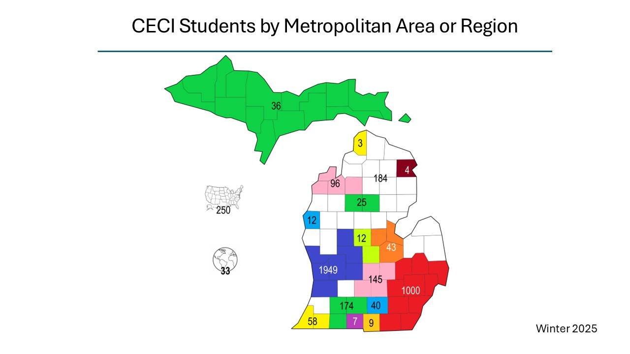 Number of CECI students by metropolitan area or region, Winter 2025. Data  is in table.